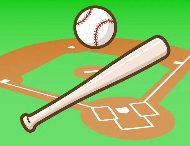 Vector illustration of Baseball ball, bat and Ground.