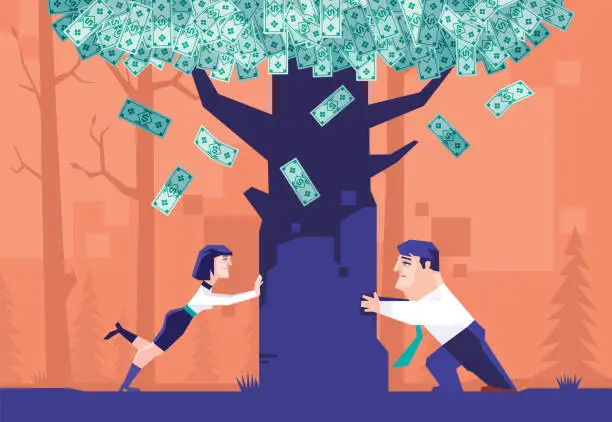 Vector illustration of business couple pushing money tree