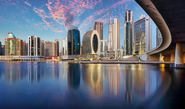 Panaroma of Dubai skyline with Burj khalifa and other skyscrapers at night from Al Jadaf Waterfront; UAE