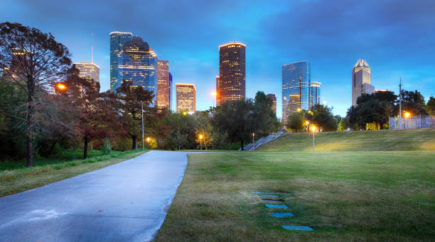 istock Houston, Texas, USA downtown park and skyline at twilight. 1473162454