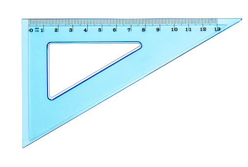 Wood triangle shaped ruler on white background. 3D rendering. Horizontal composition.