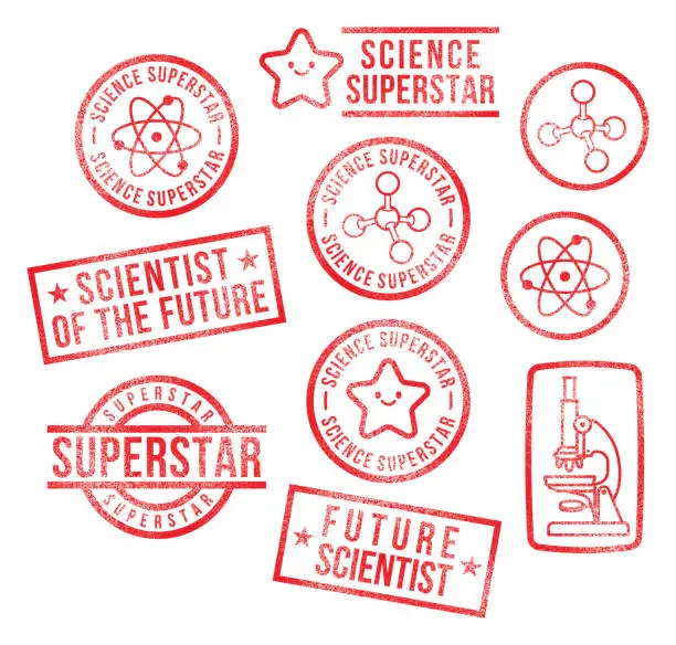 Vector illustration of Science Education Superstar Scientist Rubber Stamps