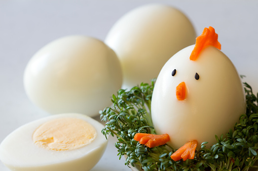 Easter chicken made of hard boiled egg with cress, funny appetizer easter concept