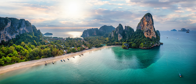 Beautiful secluded Leela Beach on Koh Phangan with Ko Samui in back, Thailand. Aerial View. Converted from RAW