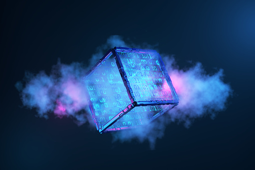 concept of cloud technologies. artificial intelligence. Blockchain technologies. Big data. Cube with binary numbers in the cloud. 3d render.