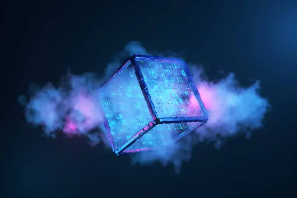 concept of cloud technologies. artificial intelligence. Blockchain technologies. Big data. Cube with binary numbers in the cloud. 3d render.