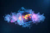 NFT in neon cloud. non fungible token. NFT technology concept. NFT inscription on a technological abstract cube. 3d render