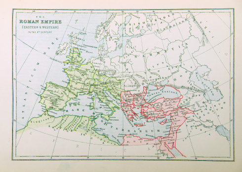 Illustration of historical map of Roman Empire in the 4th century. Photo from atlas published in 1879 in Great Britain.