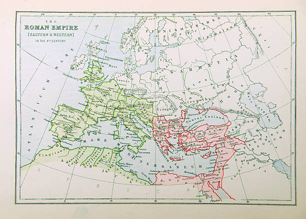 Map of Roman Empire Illustration of historical map of Roman Empire in the 4th century. Photo from atlas published in 1879 in Great Britain. roman empire stock pictures, royalty-free photos & images