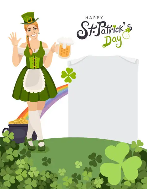 Vector illustration of Saint Patrick's Day Celebration. Vector Irish Lucky Holiday Design for Poster. Paper Sign. Party Flyer Illustration with Clover. St. Patrick's Girl with beer mug.