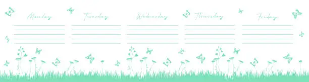 Vector illustration of Week planning concept in flat style. To-do list for the week on an isolated white background with spring herbs and butterflies in the meadow. Monochrome silhouette vector illustration.