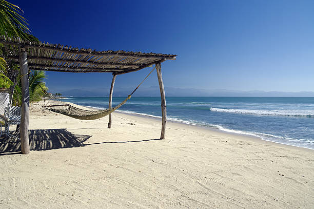 A picture of a hammock on the beach