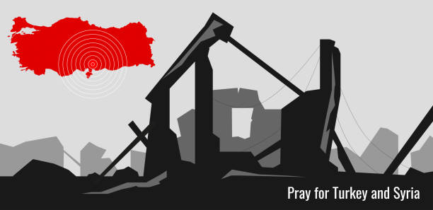 pray for turkey and syria banner. destroyed house building and red map of turkey with epicenter of earthquake. - turkey earthquake stock illustrations