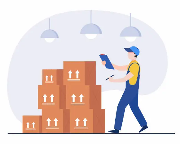 Vector illustration of warehouse worker checking boxes in warehouse