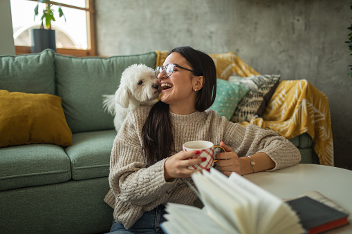 Mujer joven bebiendo té mientras juega con su perro en casa photo