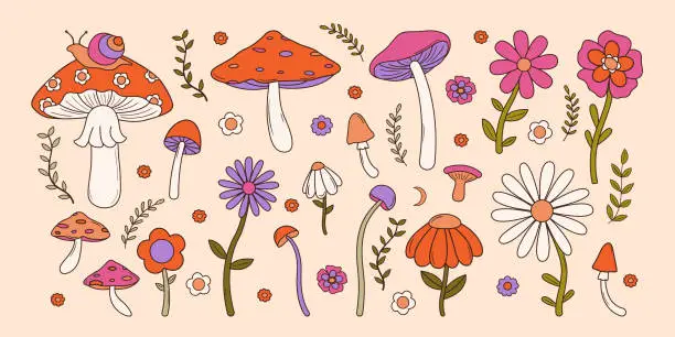 Vector illustration of Set of colorful groovy flowers and mushrooms in 70s and 60s style