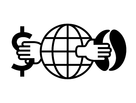 Single color isolated icon of a dollar sign and a coffee bean held by hands either side of a globe