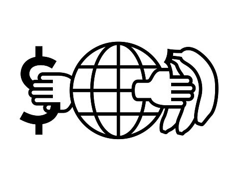 Single color isolated icon of a dollar sign and a bunch of bananas held by hands either side of a globe