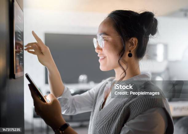 Smart Home Wall System Phone And Woman With Digital Monitor For House Automation Air Conditioning Or Safety Security Network App Software Ui Dashboard Panel And Asian Girl Programming Iot Tech Stock Photo - Download Image Now