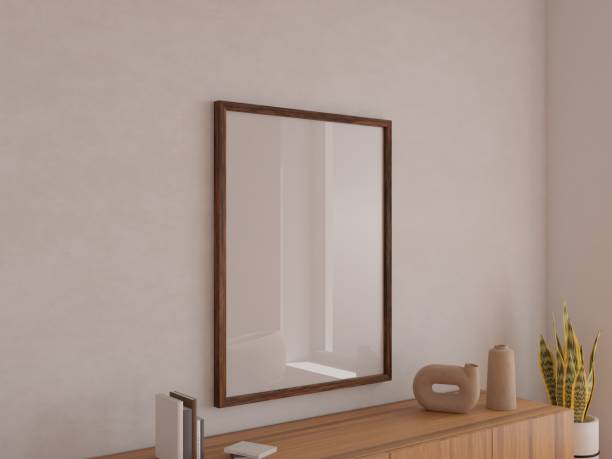 istock Interior poster mock up with vertical empty wooden frame on wall in living room. 3D rendering. 1473175289