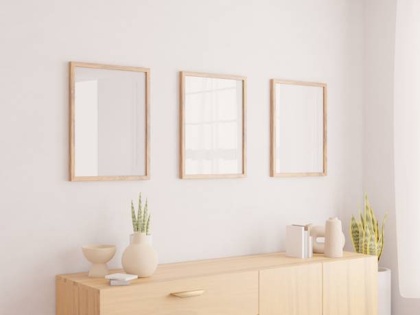 istock Vertical wood frame mockup in living room interior with window light shadow. 3d rendering, 3d illustration 1473175319
