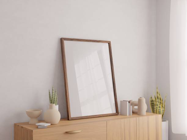 istock Empty wood frame mockup in living room interior with window light shadow. 3d rendering, 3d illustration 1473175339