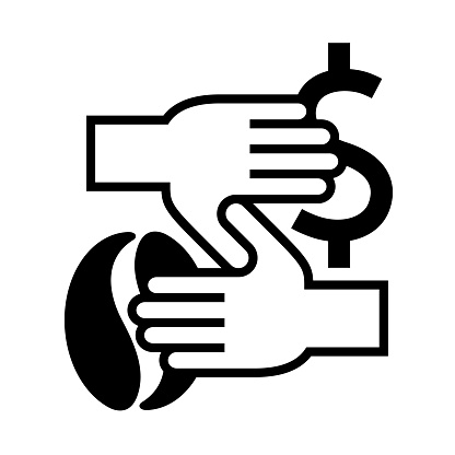 Single color isolated icon of a hand exchanging a coffee bean for a dollar sign held by another hand