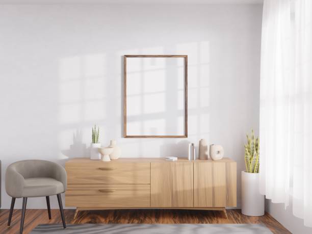 istock Vertical wood frame mockup in living room interior with window light shadow. 3d rendering, 3d illustration 1473175398