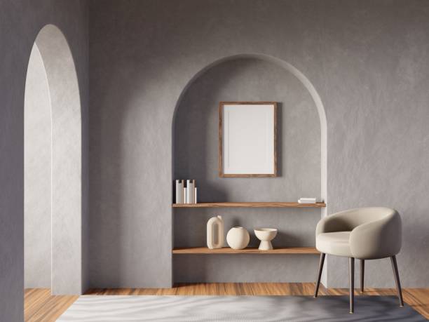 istock Interior poster mock up with vertical empty wooden frame on wall in living room. 3D rendering. 1473175425