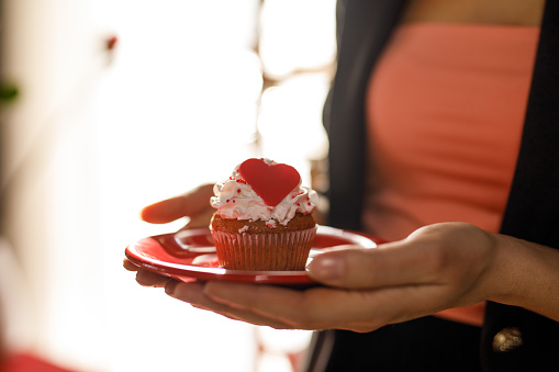 Close up shot of unrecognizable young woman standing by the window, holding a plate with a cute Valentine's day themed cupcake.