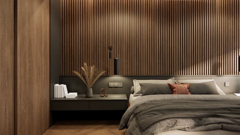 Contemporary interior design of the bedroom. Stylish interior of the dark tone bedroom. 3d visualization 4K video