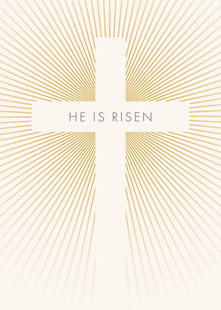 Easter banner with cross and inscription. Image of the cross with inscription he is risen. Easter Sunday. Minimal style. Stock Illustration religious text stock illustrations