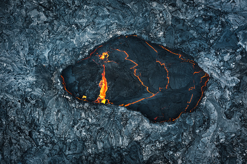 Aerial view on abstract pattern of drying lava field (Fagradalsfjall, Iceland).