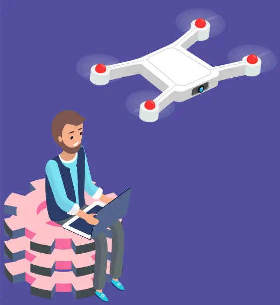 Vector illustration of Flying drone concept. Man controlling his drone, using lapptop, quadrocopter in air modern apparatus