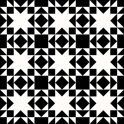 Black and white abstract geometric quilt pattern. High contrast geometric background with triangles. Simple colors - easy to recolor. Minimal background. Vector illustration.