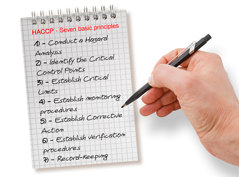 hand writing seven basic principles about HACCP plans (Hazard Analysis and Critical Control Points) - Food Safety and Quality Control in food industry concept
