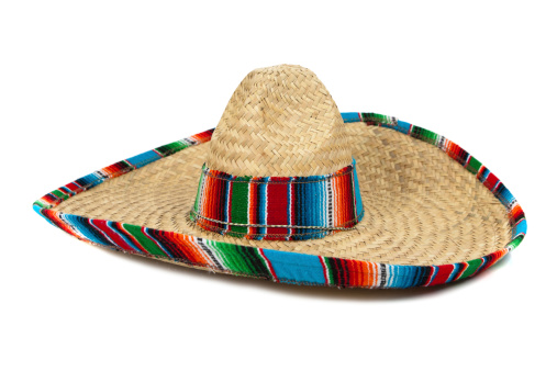 A colorful mexican sombrero on a white background with copy space