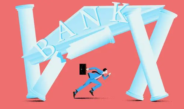 Vector illustration of Man running out of ruining bank illustration