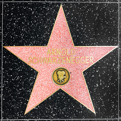 Los Angeles, USA - March  5, 2019: closeup of Star on the Hollywood Walk of Fame for Arnold Schwarzenegger.