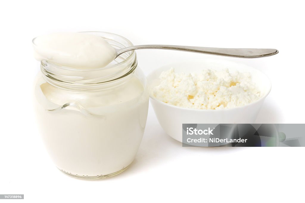 Curd and sour cream Dairy food - Curd and sour cream Container Stock Photo