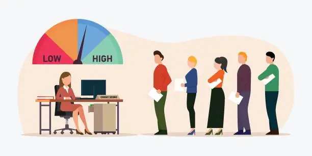 Vector illustration of People waiting in queue for getting personal credit score information