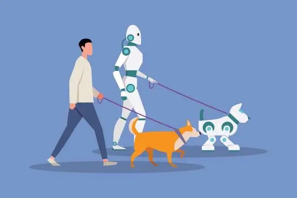 Vector illustration of robotic character and man walking with pet 2d vector