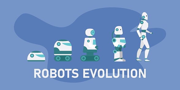 Robots and technology evolution 2d vector illustration concept for banner, website, illustration, landing page, flyer
