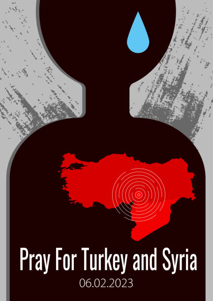 터키와 시리아 지진 포스터는 우는 인간의 실루엣입니다. 지진의 진원지와 터키와 시리아의 지도의 벡터 그림. - turkey earthquake stock illustrations