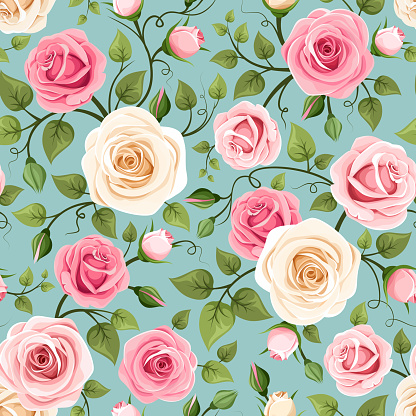 Floral seamless pattern with pink and white rose flowers on a celadon background. Vector illustration