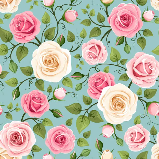 Vector illustration of Seamless pattern with pink and white roses on celadon. Vector illustration