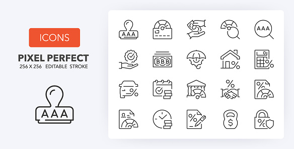 Set of thin line icons of credit rating. Outline symbol collection. Editable vector stroke. 256x256 Pixel Perfect scalable to 128px, 64px...