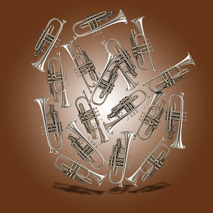 Floating set of Silver trumpets against brown gradient background