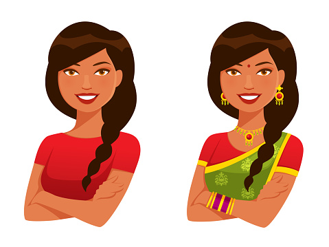 illustration of a young Indian woman with braided hair, wearing traditional Indian dress saree (sari), smiling with her arms crossed