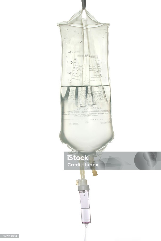 IV drip bag A transparent drip bag and tubing against a white background. IV Drip Stock Photo